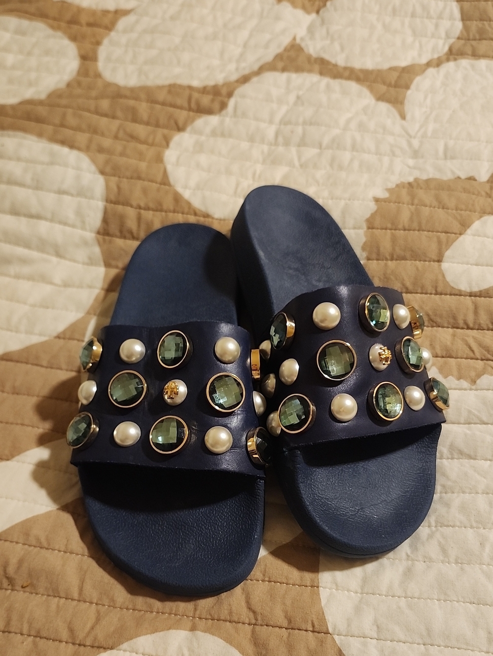 Tory Burch Navy Slide Sandals with Green Gems & Pearl Accents